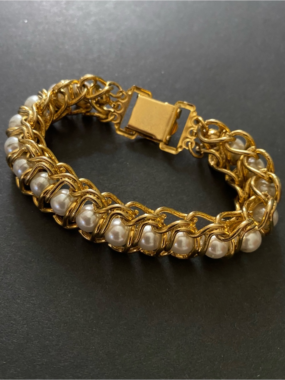 Vintage Faux Pearl Wrapped Gold Tone Chain Bracelet
